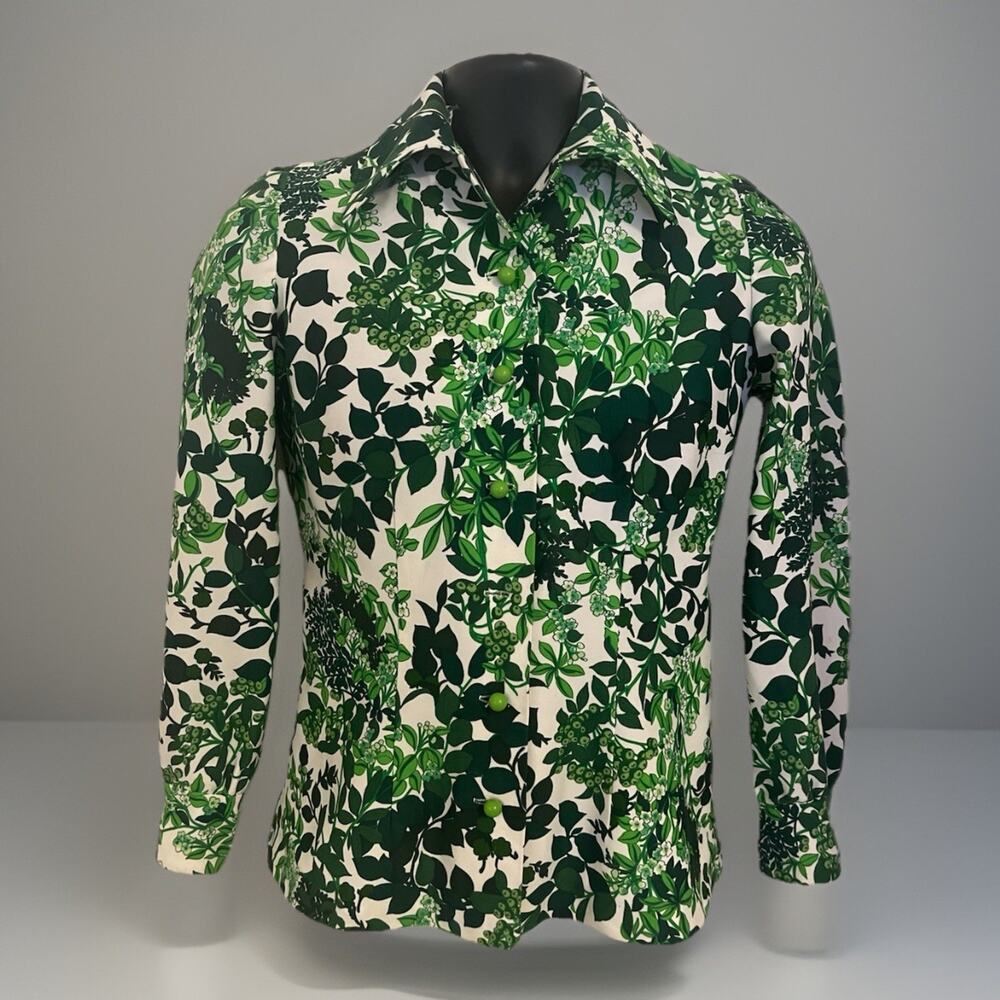 VTG 70s Unique Dagger Collar Shirt Garden Party Disco Leaves Forest Handmade